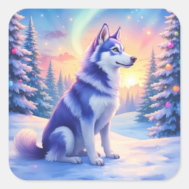 Sticker Carré Siberian Husky Northern Lights Christmas Winter (Devant)