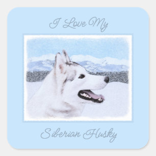 Sticker Carré Sibérie Husky (argent et blanc) Peinture Chien Art