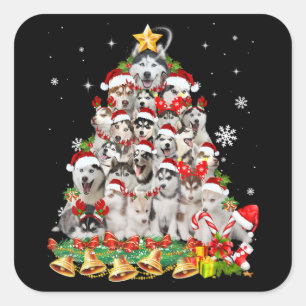 Sticker Carré Sibérie Husky Christmas Tree Lumières Drôle Chien