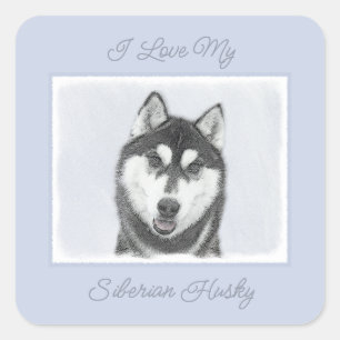 Sticker Carré Sibérie Husky (noir et blanc) Peinture Chien Art