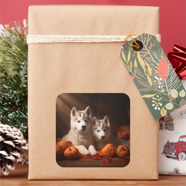 Sticker Carré Sibérie Husky Puppy Citrouille d'automne (vacances)