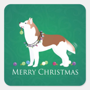 Sticker Carré Sibérien Husky - Rouge - Joyeux Noël Design