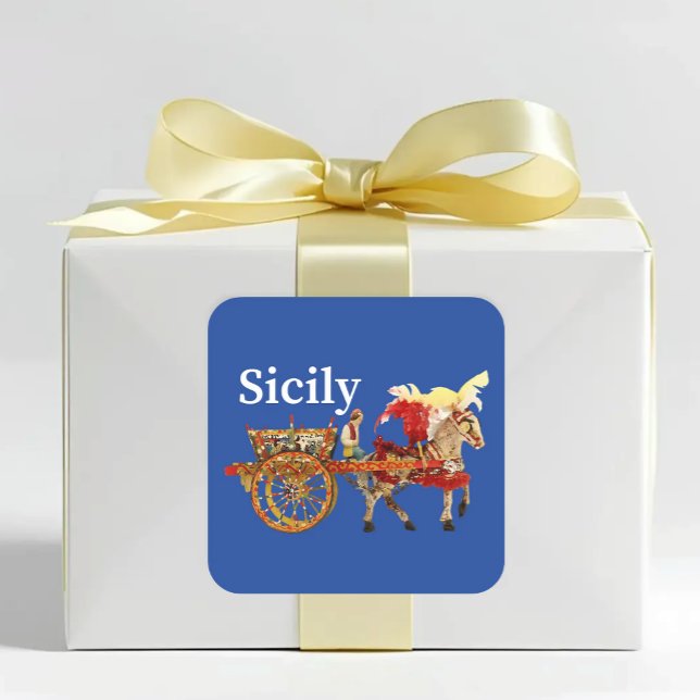 Sticker Carré Sicily Cart and Horse Carretto Siciliano Blue (Sicily traditional horse and cart Blue sticker - Sicilian heritage carretto siciliano)