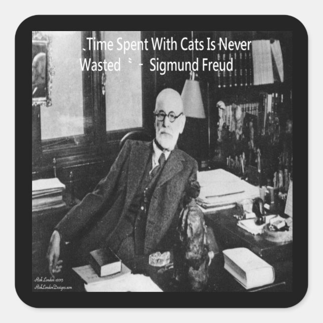 Sticker Carré Sigmund Freud Dans Son Bureau & Citation de Chat D (Devant)