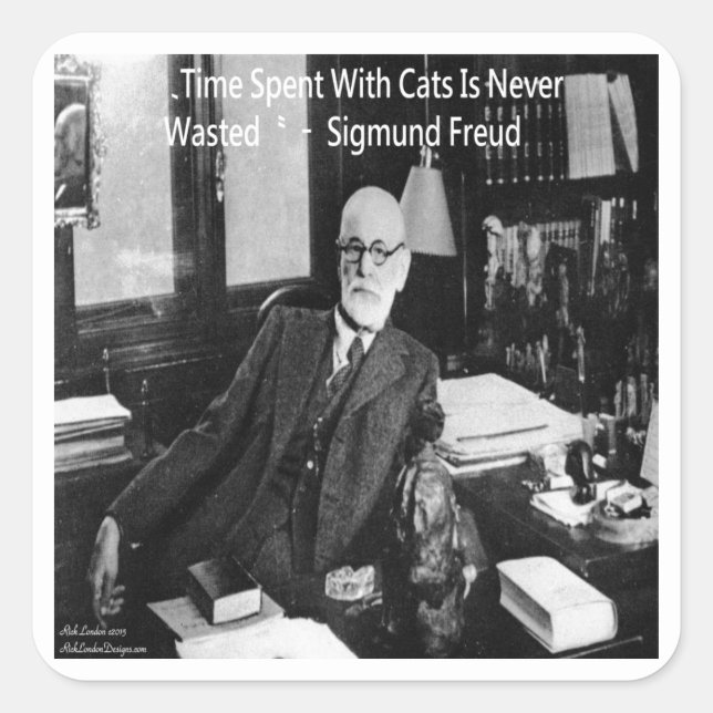 Sticker Carré Sigmund Freud Dans Son Bureau Et Citation De Chat  (Devant)