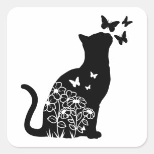 Sticker Carré Silhouette Chat & Papillons, Amoureux des chats, P