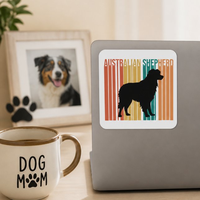 Sticker Carré Silhouette de Berger Australien Rétro  (aussie shep sticker on laptop)