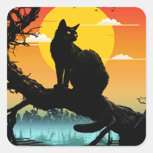 Sticker Carré Silhouette de chat et d'arbre au coucher du soleil