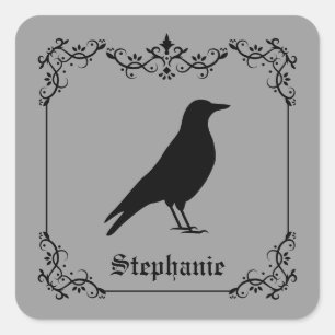 Sticker Carré Silhouette de corbeau et volutes décoratives grise