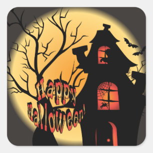 Sticker Carré Silhouette de la maison hantée  Joyeux Halloween