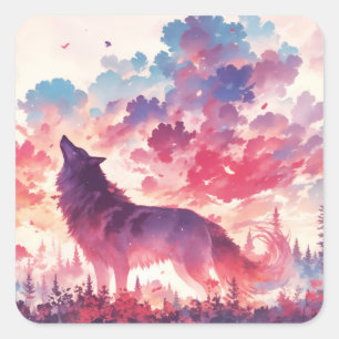 Sticker Carré Silhouette de loup noir sur coucher de soleil rose