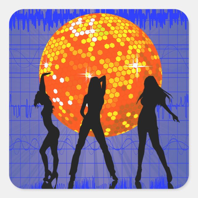 Sticker Carré Silhouette de soirée dansante boule disco (Devant)