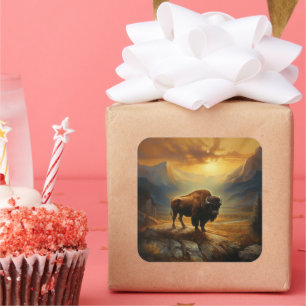 Sticker Carré Silhouette du coucher de soleil de bison de buffle