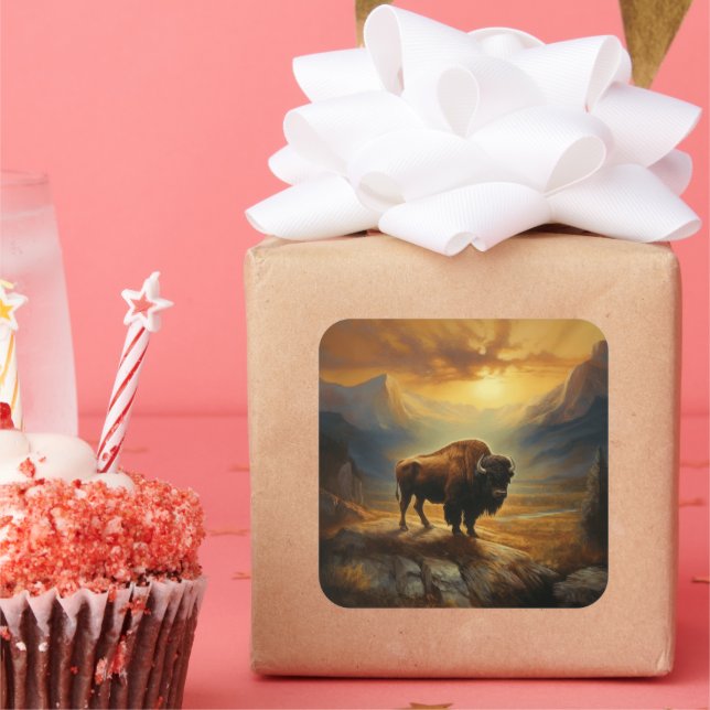 Sticker Carré Silhouette du coucher de soleil de bison de buffle (Fête)