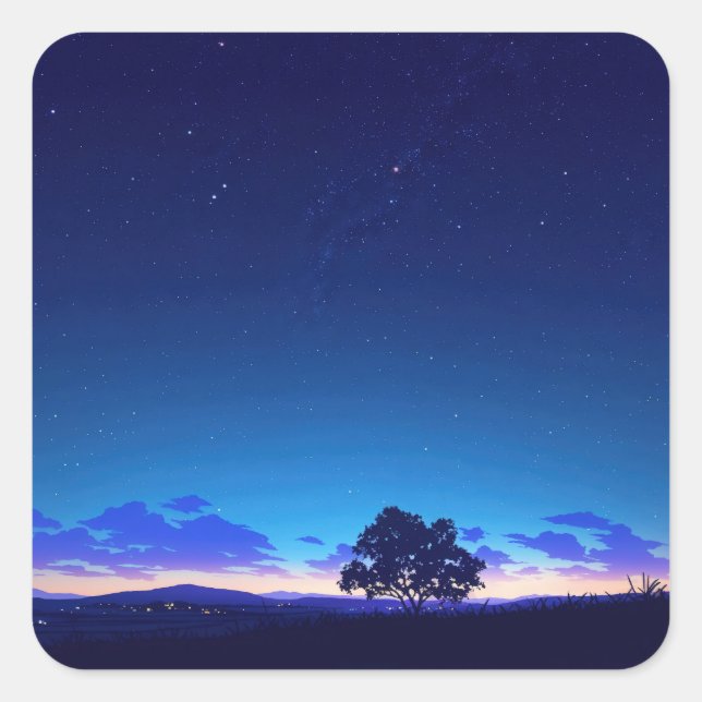 Sticker Carré Silhouette d'un arbre solitaire sous un ciel noctu (Devant)