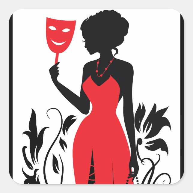Sticker Carré Silhouette femme élégante en robe rouge avec masqu (Devant)