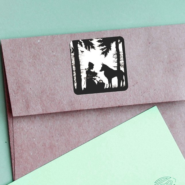 Sticker Carré Silhouette Noire Rouge Hood Wolf Woods (Little Red Riding Hood black silhouette on white with wolf in forest on stickers.)