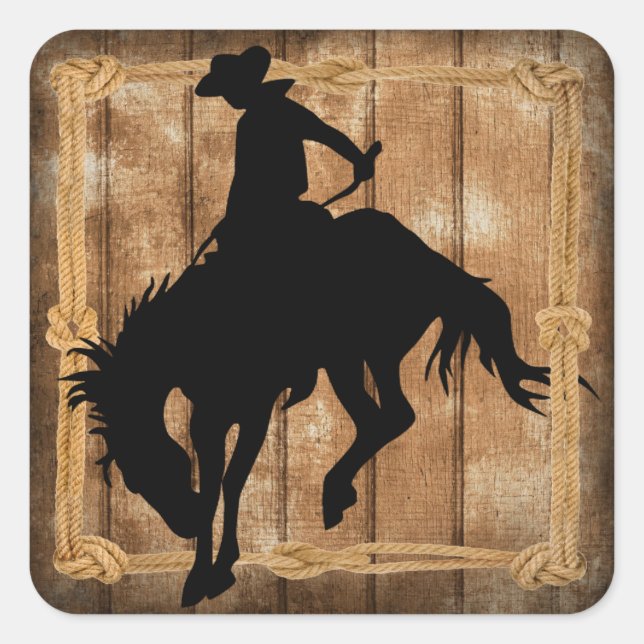Sticker Carré Silhouette Rodeo Cowboy sur Bucking Bronco Horse (Devant)