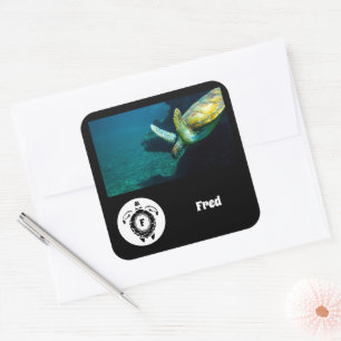Sticker Carré Silhouette Tortue de mer Monogramme Nom Balise Pho