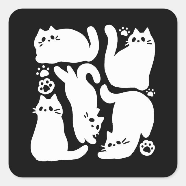 Sticker Carré Silhouettes de chaton blanc - Design Feline mignon (Devant)