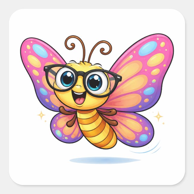 Sticker Carré Silly Butterfly Cartoon With Glasses (Devant)