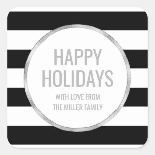 Sticker Carré Silver Black Stripes Happy Holidays Custom
