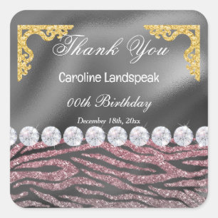 Sticker Carré Silver Foil, Parties scintillant rose Zebra Imprim