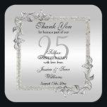 Sticker Carré Silver Gem & Glitter 25th Wedding Anniversary<br><div class="desc">Glamour et élégant chic 25th Silver Mariage Anniversary party faveur autocollant avec élégante bijoux en pierres gemme argent décorations d'angle et cadre de bordure de parties scintillant coloré. Un design romantique pour votre célébration. Tout le texte, la police et la couleur de police sont entièrement personnalisables pour répondre à vos...</div>