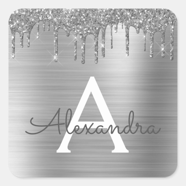 Sticker Carré Silver Glitter Brushed metal Monogram (Devant)