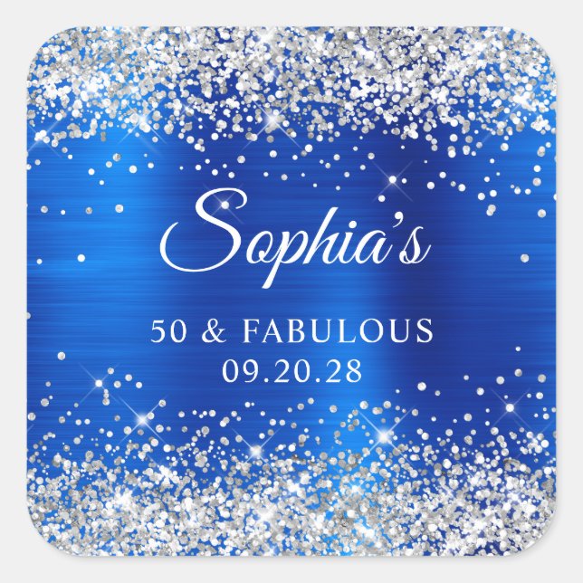 Sticker Carré Silver Glitter Royal Blue Foil 50 & Fabulous (Devant)