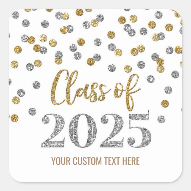 Sticker Carré Silver Gold Confetti Graduation 2025 (Devant)