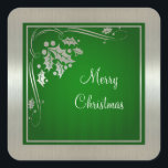 Sticker Carré Silver Holly et Swirls sur Green Christmas<br><div class="desc">Montrez votre humeur festive avec ces stickers élégants avec des saints argentés, des baies et tourbillons sur un arrière - plan vert. Les autocollants ont une bordure métallique argentée. Aussi disponible en d'autres couleurs. Le texte est entièrement personnalisable ou contactez-nous par l'intermédiaire du magasin GiftsBonanza si vous avez besoin d'aide...</div>