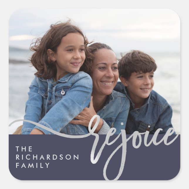 Sticker Carré Silver Rejoice | Typographie moderne avec photo (Devant)
