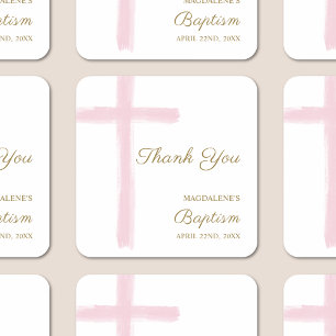 Sticker Carré Simple Aquarelle Croix Rose Merci Baptême