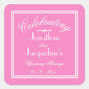 Sticker Carré Simple Chic Mariage Rose Chéri, Écriture Blanche