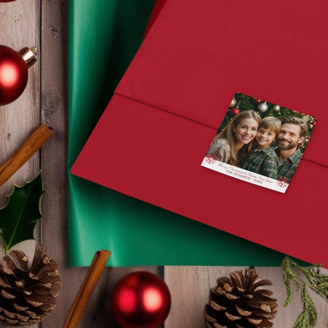 Sticker Carré Simple classique Red Snowflakes une photo (Simple Classic Red Snowflakes one photo Square Sticker)