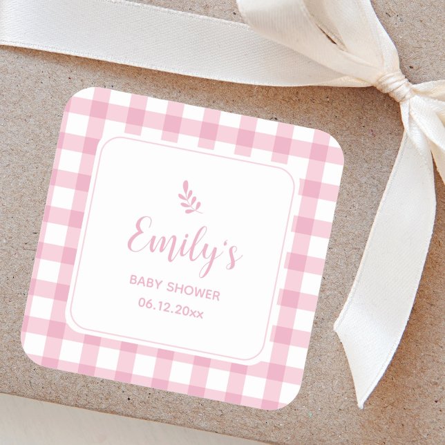Sticker Carré Simple Elegant Bébé rose En vichy Baby shower fill (Créateur téléchargé)