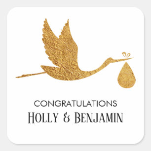 Sticker Carré Simple Faux Gold Stork Baby shower Félicitations