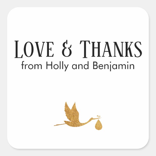 Sticker Carré Simple Faux Gold Stork Love & Thanks Baby shower (Devant)