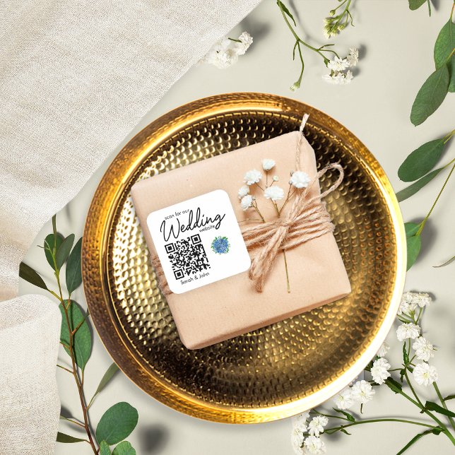 Sticker Carré Simple moderne Blue Hydrangea Mariage QR Code (Créateur téléchargé)