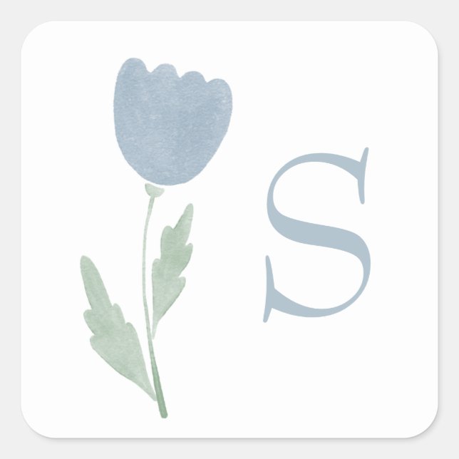 Sticker Carré Simple Monogramme Floral Aquarelle Bleu Poussiéreu (Devant)