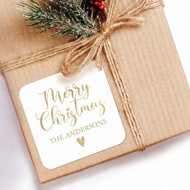 Sticker Carré Simple or Merry Noël Calligraphie Script (An elegant gold and white Merry Christmas sticker.)