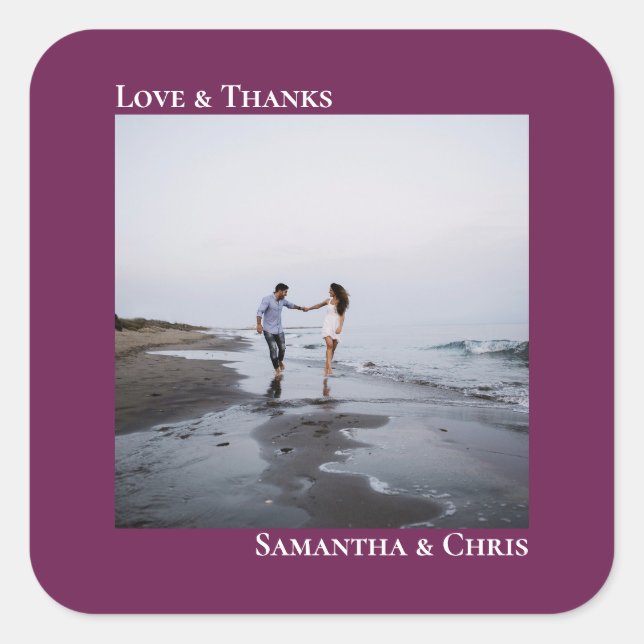Sticker Carré Simple Photo Cassis Purple Love & Merci Mariage (Devant)
