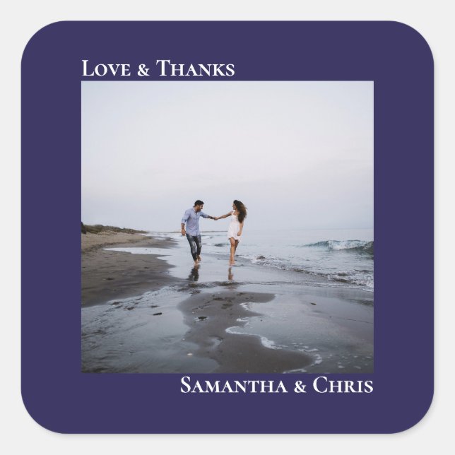 Sticker Carré Simple Photo Marine Blue Love & Merci Mariage (Devant)