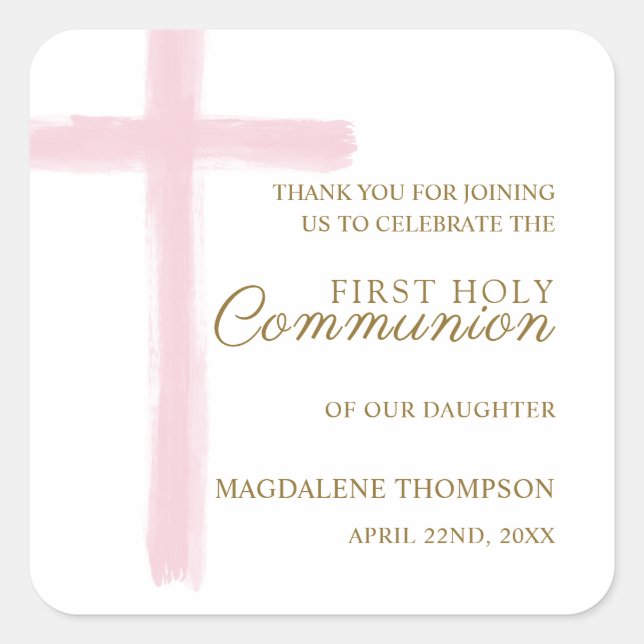 Sticker Carré Simple Pink Cross First Holy Communion Thank You (Devant)