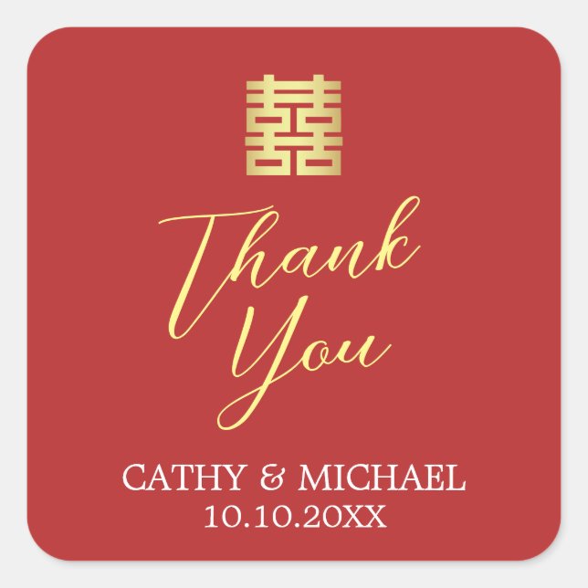 Sticker Carré Simple rouge or moderne chinois mariage merci (Devant)