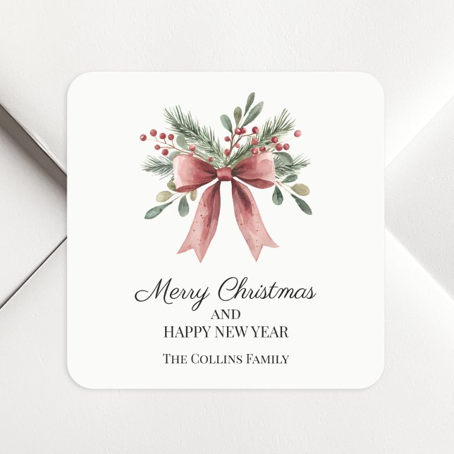 Sticker Carré Simple Rouge Ruban Bow Aquarelle Holly Noël (Simple Red Ribbon Bow Watercolor Holly Christmas Square Sticker)