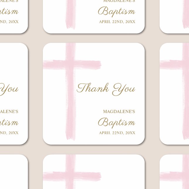 Sticker Carré Simple Watercolor Pink Cross Thank You Baptism (Créateur téléchargé)
