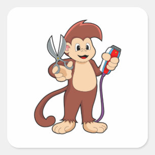 Sticker Carré Singe comme coiffeur avec ciseaux et razor