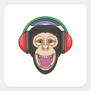 Sticker Carré Singe dans la musique avec casque
